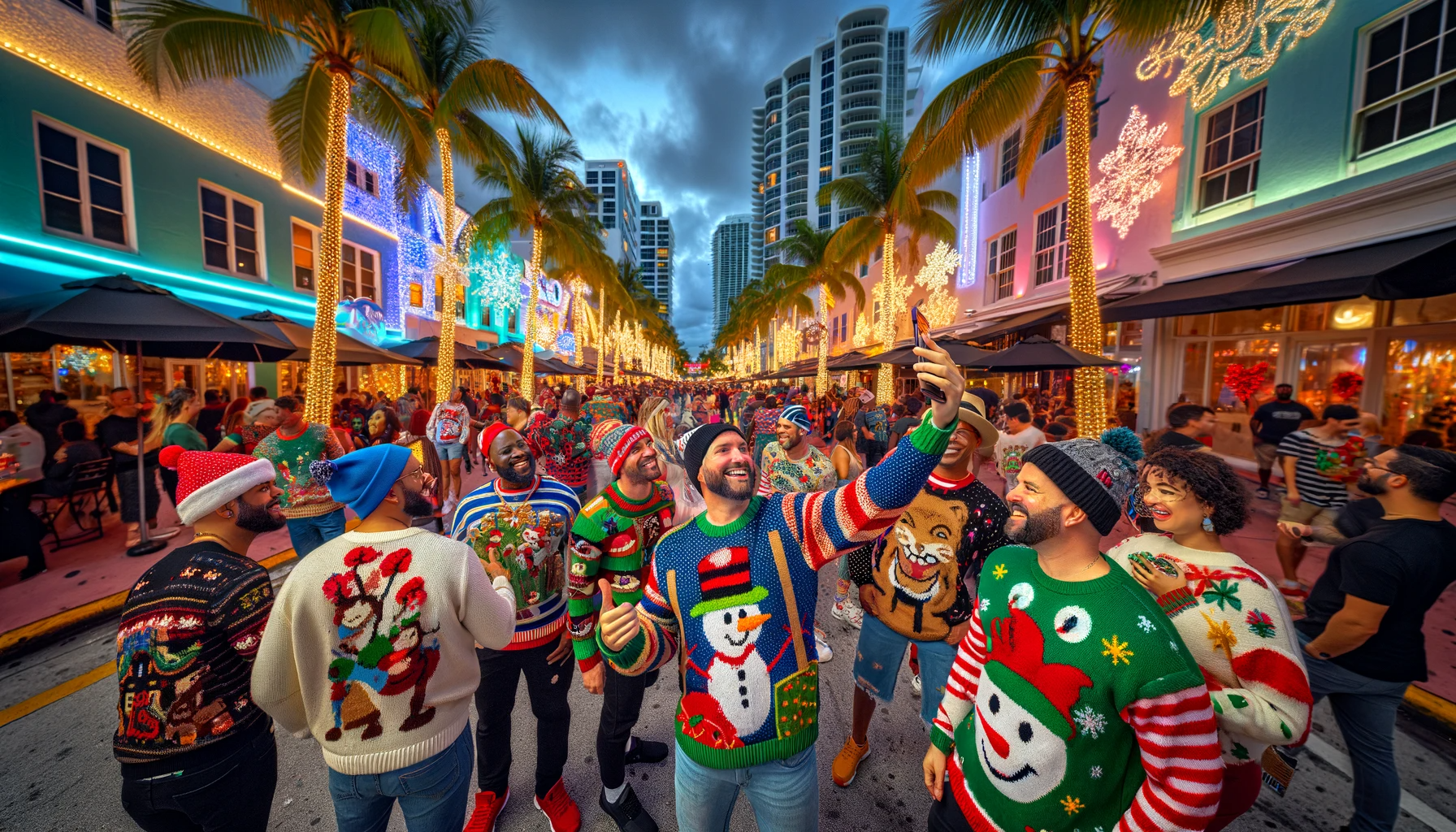 Vibrant Miami street decorated for National Ugly Sweater Day